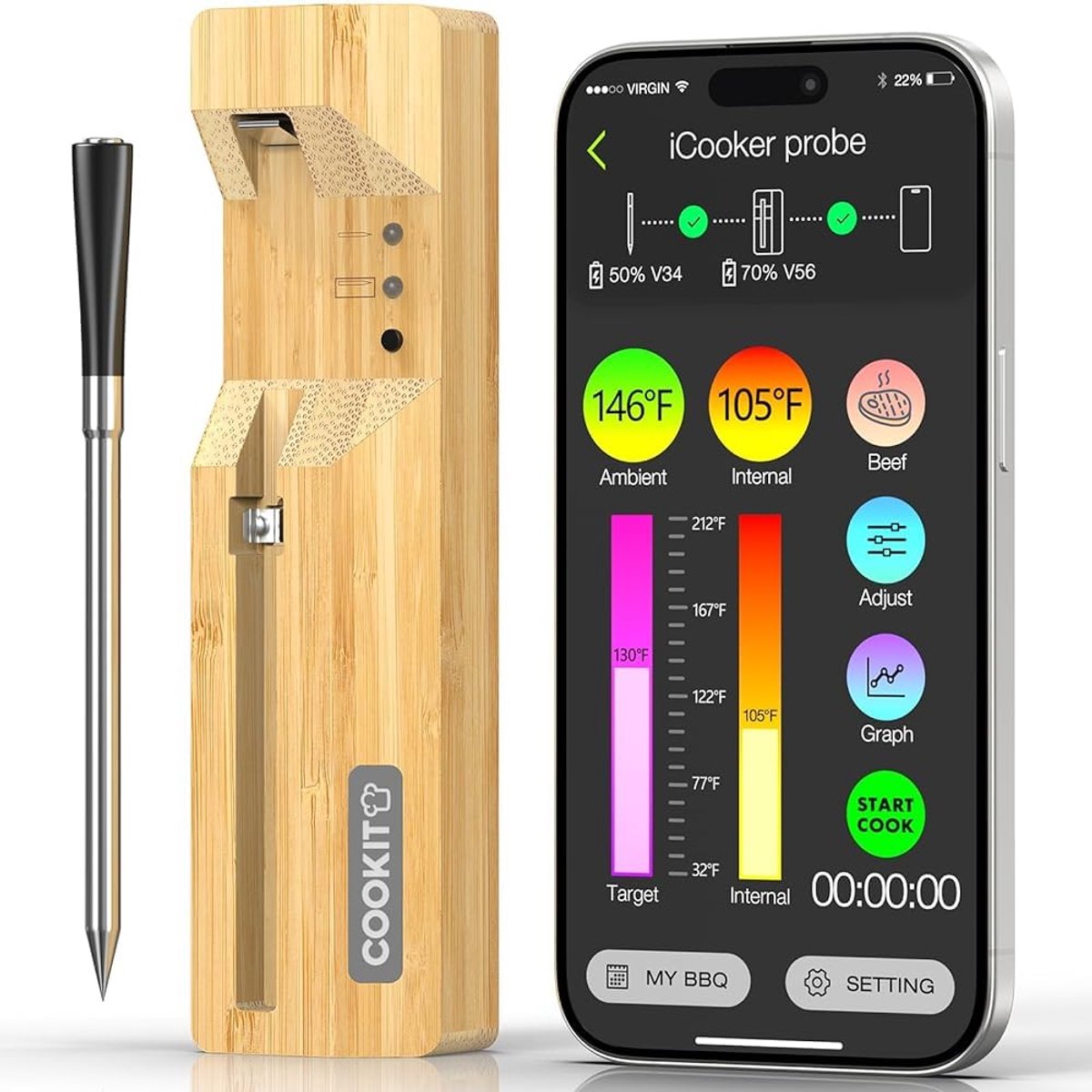SnelShoppen - Wireless Smart Meat Thermometer, Bluetooth 5.3, 100 m Bereik, Grill Thermometer met App Control, IPX7 Waterdicht, Perfect voor BBQ, Gril