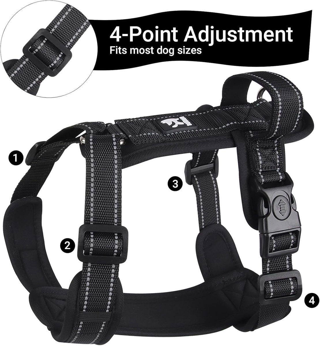 SnelShoppen - Hondentuigje Kleine Honden, Zacht Verstelbaar H-Harnas, Reflecterend Tuig met Handgreep voor Training, Hardlopen en Wandelen, Zwart, M