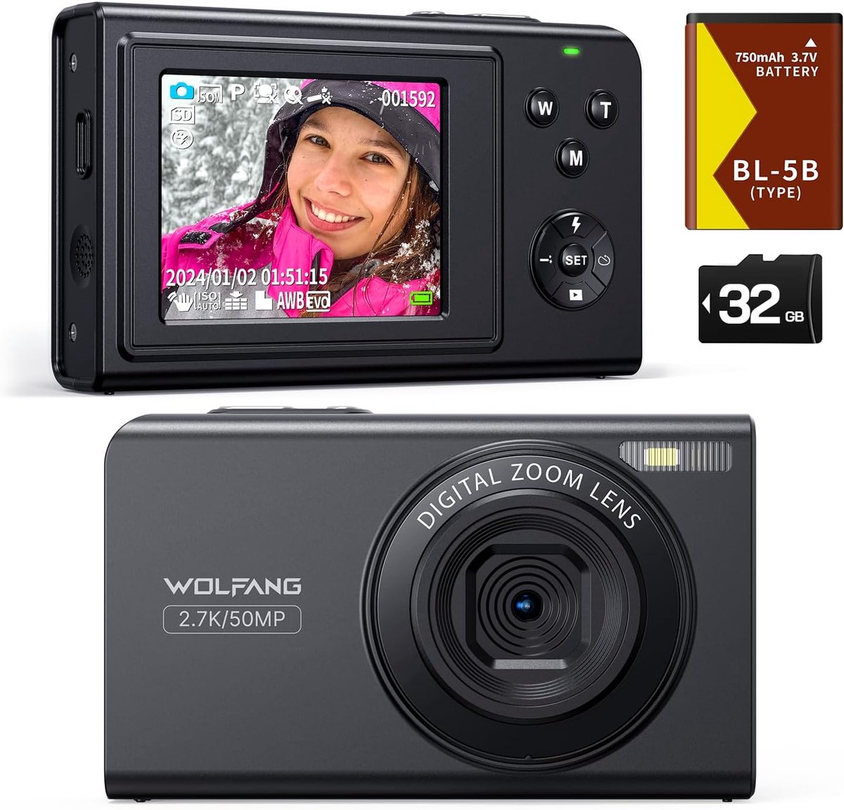 SnelShoppen - Digitale Camera 2.7K voor Kinderen, 50MP Compacter Vlogging Camera met 16x Digitale Zoom, Auto Focus, Perfect voor Fotografie en Video,
