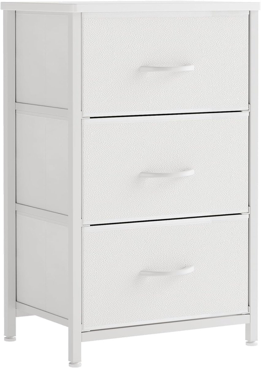 SnelShoppen - Bedside Table met 3 Lades, Smalle Kasten van Stof, Dressoir met Houten Plateau voor Slaapkamer, Woonkamer, Hal, Modern Ontwerp, Wit, Rui