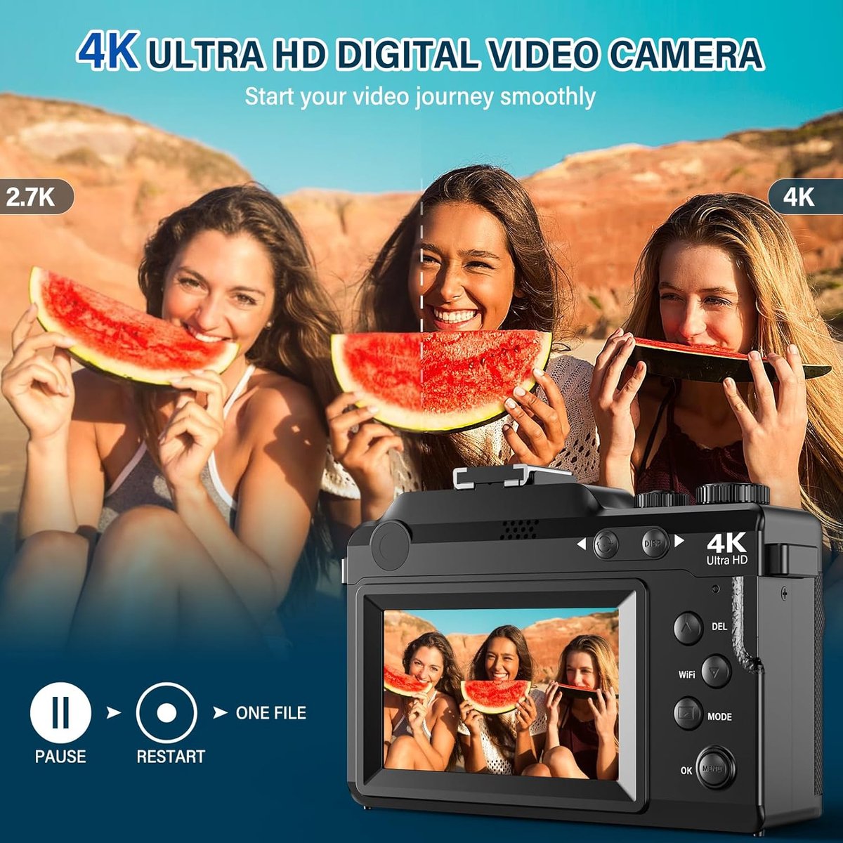SnelShoppen - 4K Digitale Camera 64 MP met 18x Zoom, Auto Focus, WiFi, Vlogging Camera met Selfie Functie, Compacte Camera met 32 GB Geheugenkaart, Op thumbnail 4