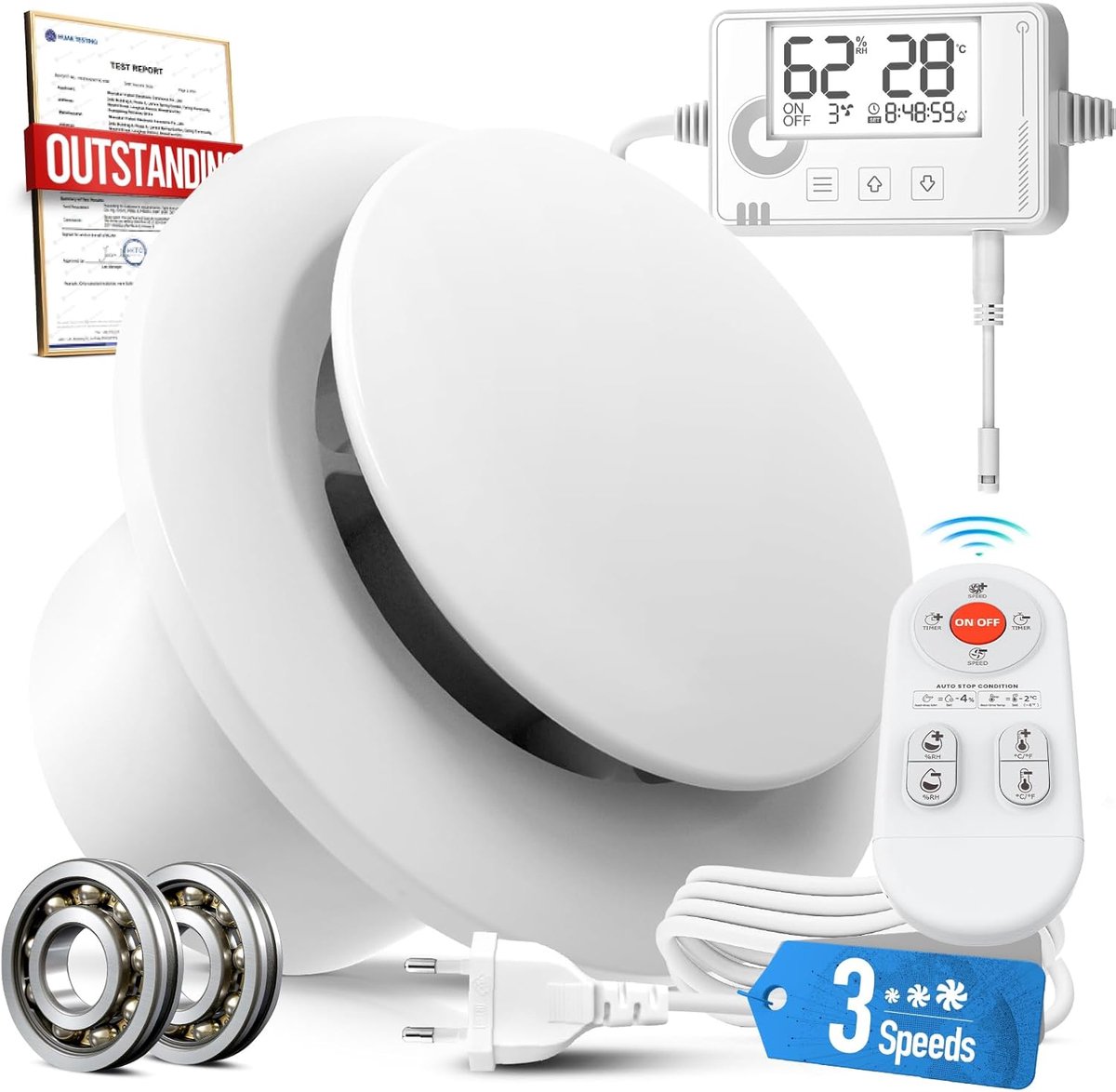 SnelShoppen - 3-traps Badventilator 100 mm met Vocht- & Temperatuursensor, Stille Afvoerventilator met Afstandsbediening en Timerfunctie voor Badkamer