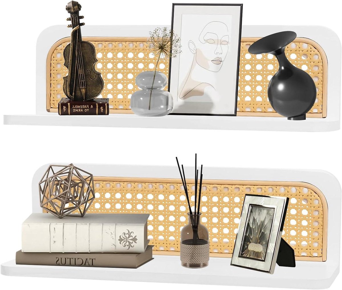Wandplanken Set - Boho Rotan - Woonkamer Decoratie - Handgeweven Stijl - 40 x 13 cm - Wit Hout