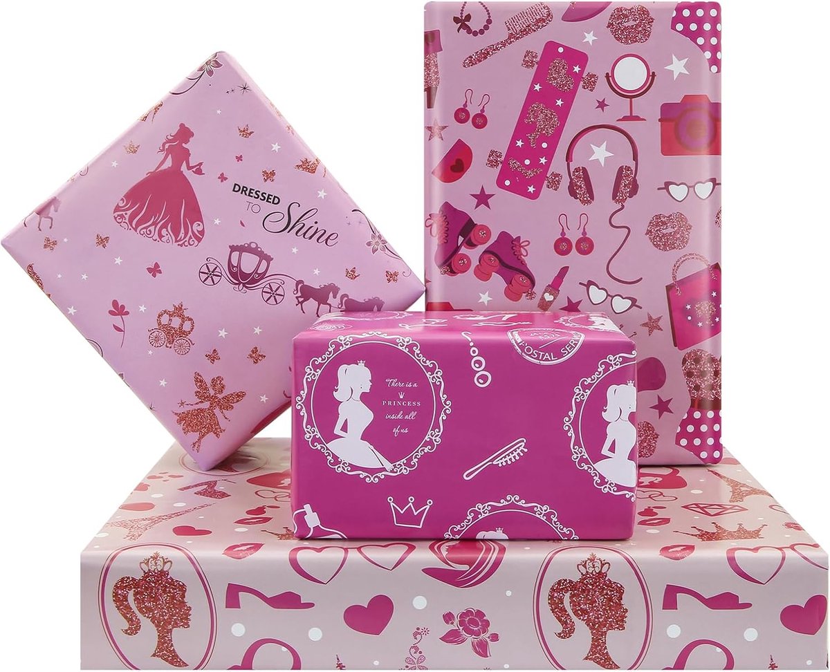 SnelShoppen - Verjaardags Cadeau Inpakpapier Meisjes, Prinses Design, Roze, 4 Ontwerpen, Ideaal Voor Kinderen, Baby Shower, Feest, Hoogwaardige Kwalit