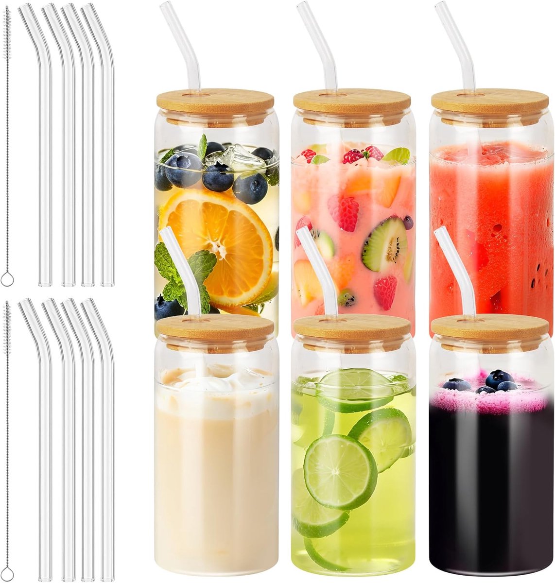 SnelShoppen - 6 glazen met deksel en rietje, 500ml water- en cocktailglazen voor feest, camping, keuken, tuin, kleurrijke drinkbekers voor kinderen en