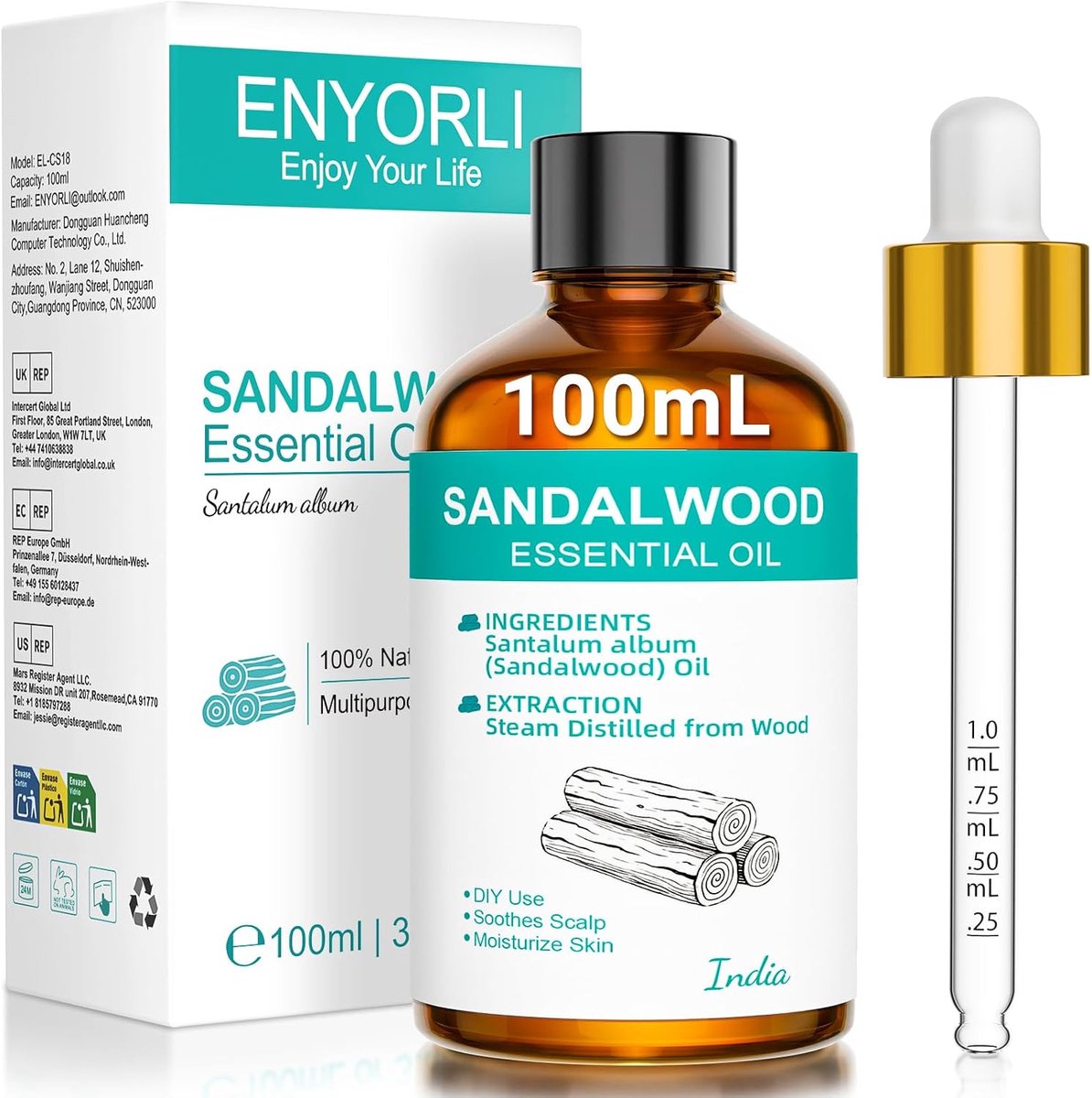 SnelShoppen - Sandelhout Essentiële Olie 100ml, Warme Houtachtige Geur voor Diffuser, Slaapkamer, Meditatie, Massage, Bad, Kaarsen, Zeep DIY en Thuisg
