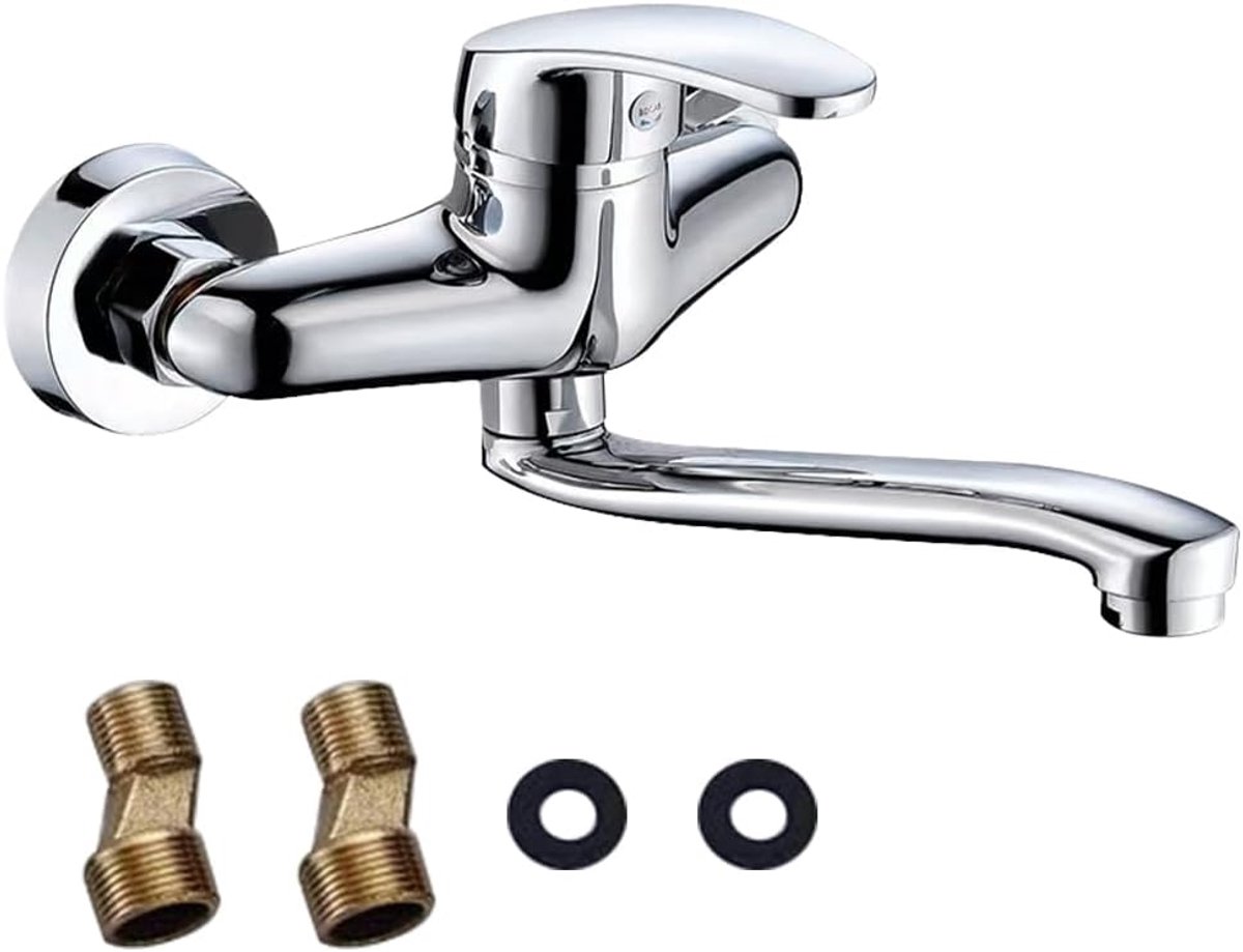 SnelShoppen - Wandkraan 360° Rotatie Keukenmengkraan, Wandmontage, Enkele Hendel, Warm en Koud Water, 20 cm Swingarm, Ruimtebesparend Design, Perfect