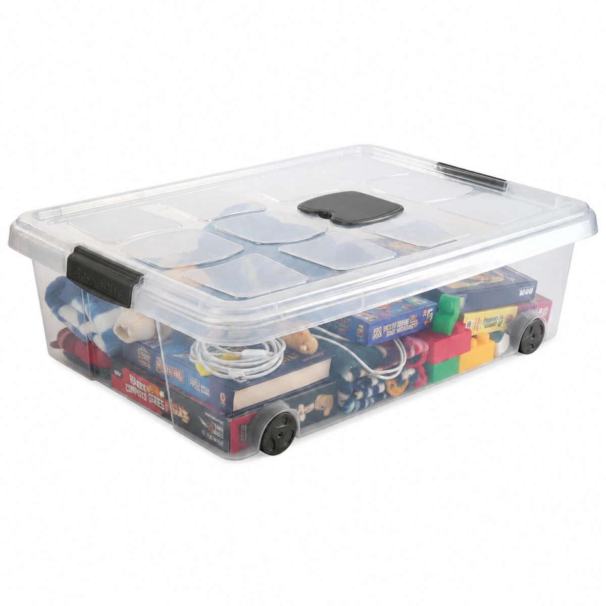 PLASTICFORTE Opslagbox - 1x stuks - met deksel - 31L - 62 x 45 x 18 cm - transparant - opbergbak - met wielen Multi