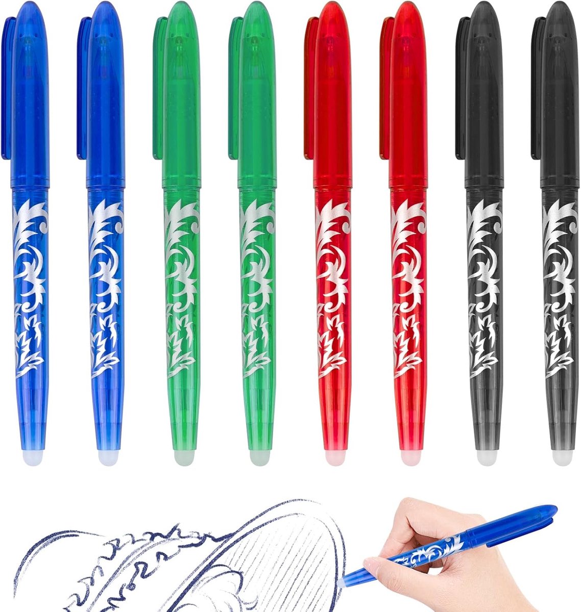SnelShoppen - Erasable Ballpoint Pen Set - 8 Roller Erasable Pennen - 0.5mm - Gel Pen - Ballpoint Pen met Gum - Blauw, Zwart, Rood, Groen - School en
