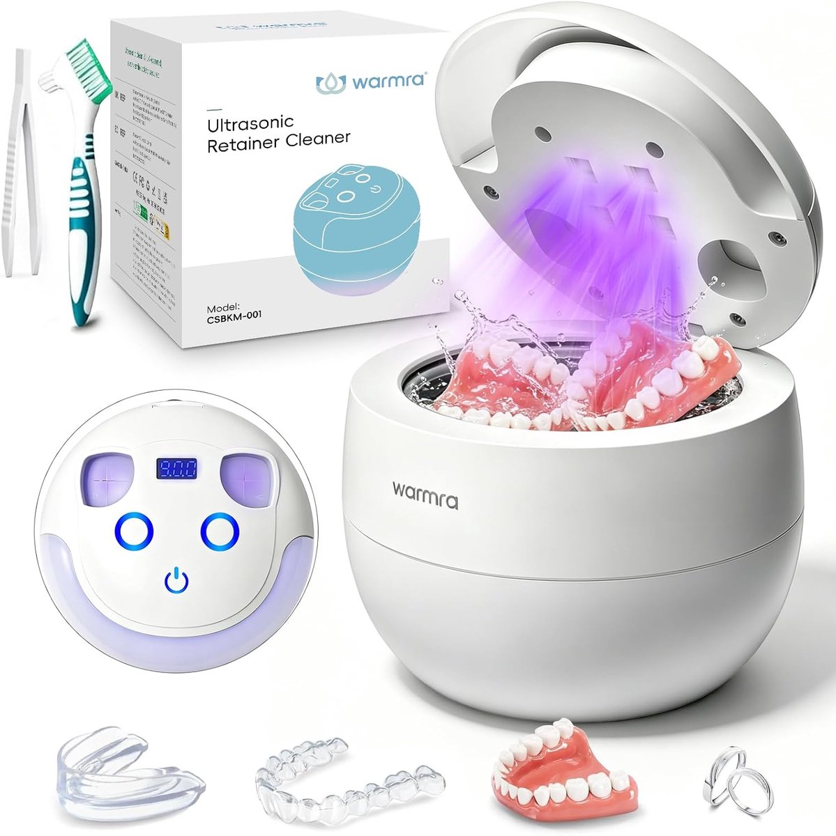 SnelShoppen - Ultrasonic Retainer Cleaning Device, 45kHz Ultrasonic Cleanser voor Gebitsprotheses, U-V Licht, 4 Modi voor Retainers, Beugels, Mondmask