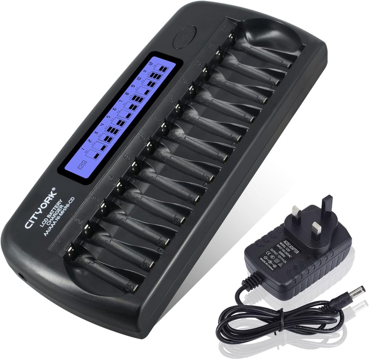 SnelShoppen - LCD Slimme Oplader 12 Slots voor AA/AAA Ni-MH/Ni-CD Batterijen met IC-bescherming en AC-wandadapter - Ideaal voor Thuis, Camping en Fees