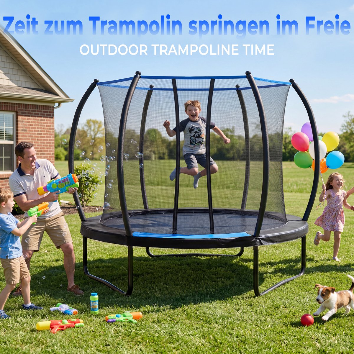 OKWISH Trampoline Veiligheidsnet – 228 x 228 x 201 cm – Staal – Zwart Blauw – Voor Buiten – Voor Kinderen Vanaf 6 Jaar