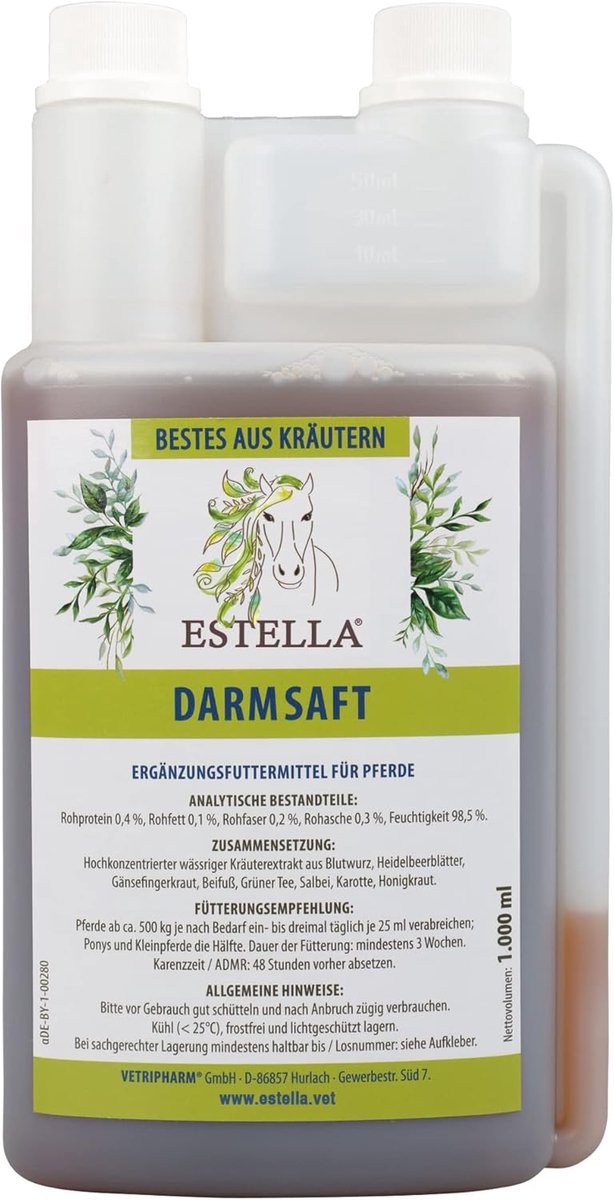 SnelShoppen - ESTELLA Intestinal Juice 1 Liter - Kruidensap voor Paarden - Ondersteunt Darmfunctie bij Fecaal Water en Diarree - Zonder Granen, Suiker