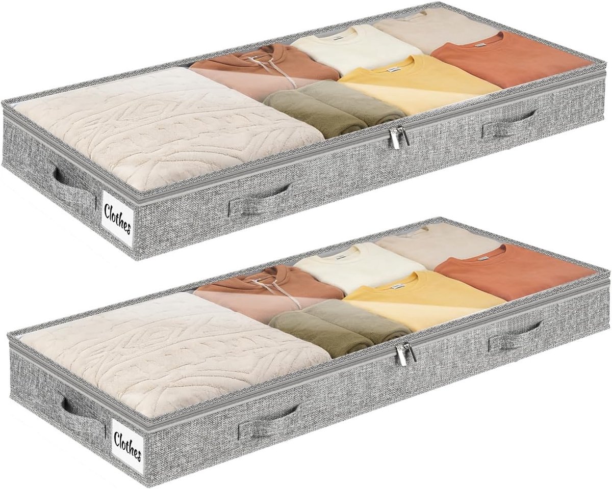 SnelShoppen - Onderbed Opbergboxen 2 Stuks met Transparante Deksel, 10cm Hoog, Duurzaam Materiaal, Vouwbaar, 4 Handvatten & 2 Ritsen, Ideaal voor Kled