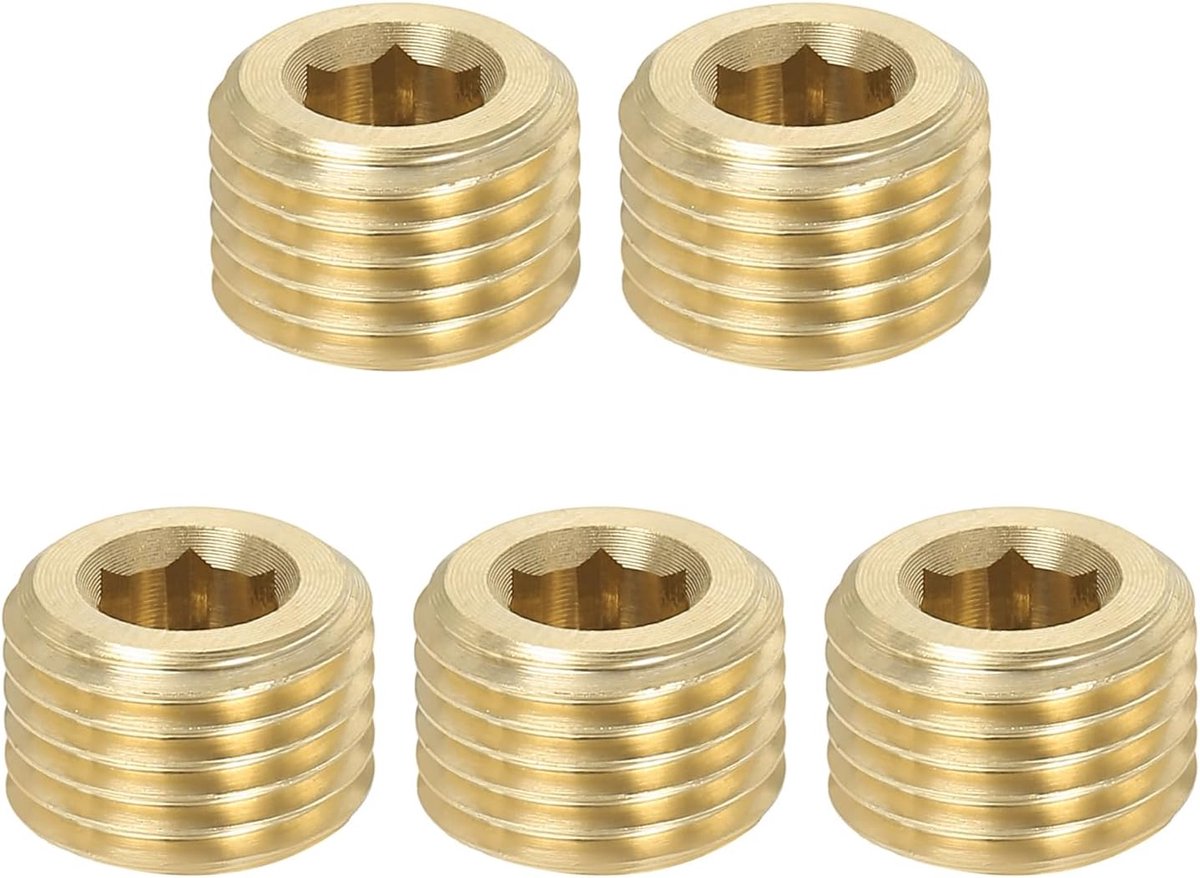 SnelShoppen - 5x Brass Pipe Plug Set 0.5cm BSP Internal Hex Thread Socket - Koper, Makkelijk te Installeren voor Lucht Tanks, Waterleidingen en Meer