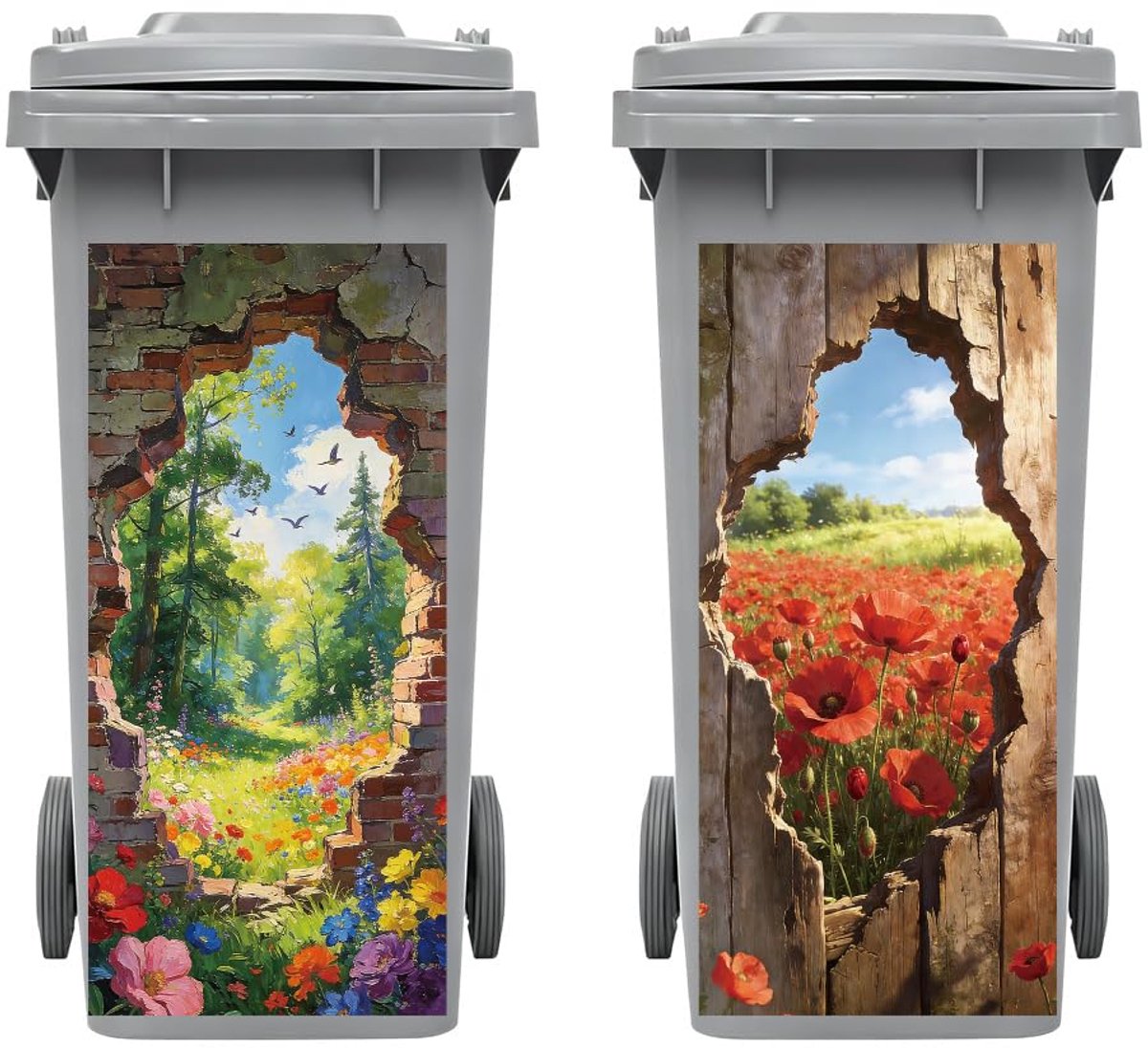 Thijox - Peacoblue Vuilnisbak Stickers 2 Vellen Boslandschap Achter Gebroken Muur Waterdicht 15" x 32" Grote Wraps voor Tuin, Oprit, Indoor & Outdoor