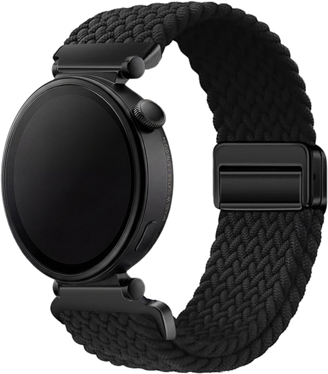 Stravo 18mm Gevlochten Nylon Bandje met Magnetische Sluiting – Geschikt voor Garmin Vivoactive 4S / Venu 2S / Venu 3S / Venu 4 (41mm) / Forerunner 255S / 265S – Huawei Watch GT 5 (42mm) / GT 5 Pro (42mm) / GT 6 (41mm) – Zwart