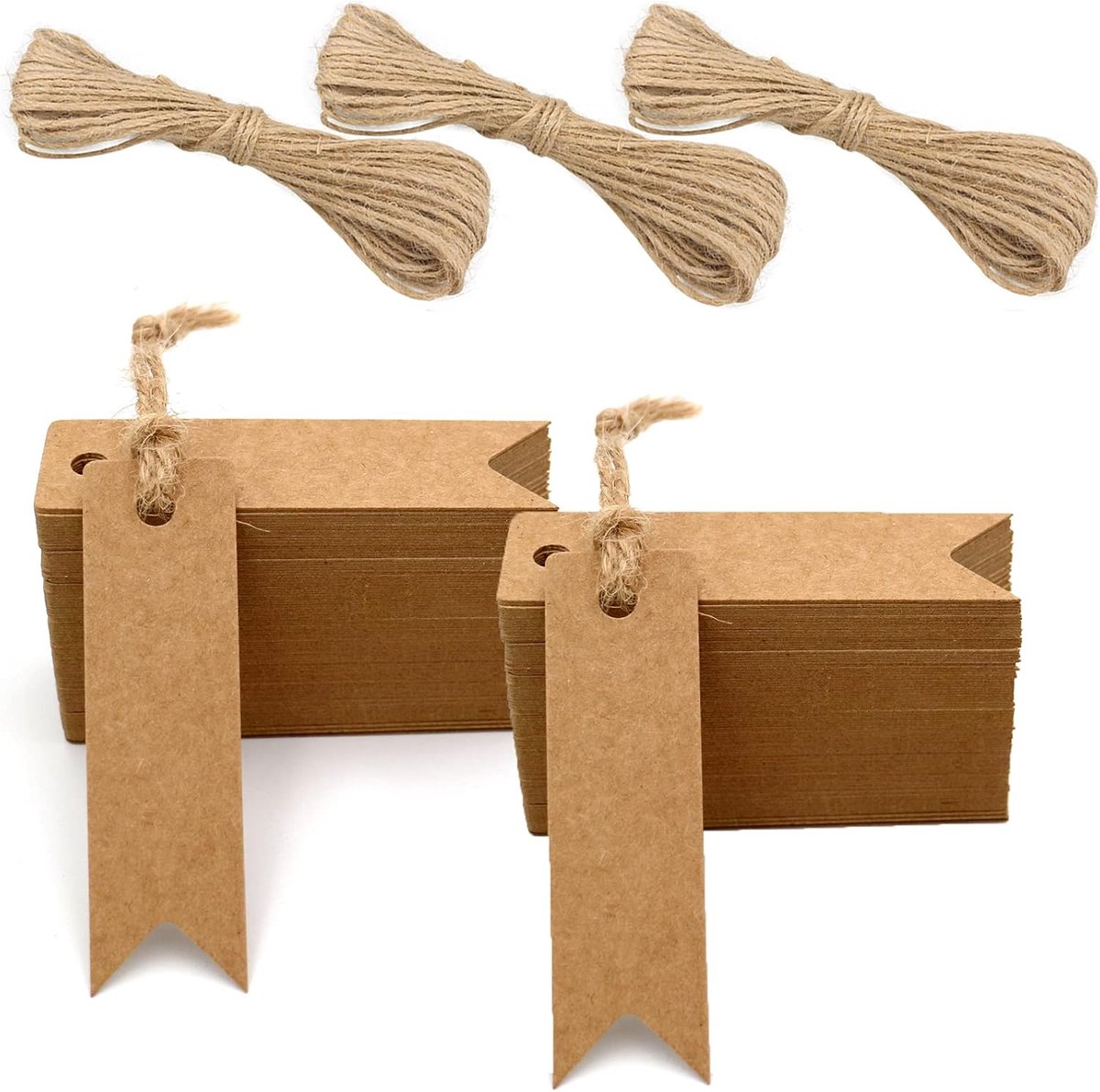 SnelShoppen - Kraft Paper Labels 7 x 2 cm - 200 Stuks - Mini Cadeau Labels met Jute Touw - Bruin - Voor Feestjes, Scrapbooking, Handgemaakte Kaarten e