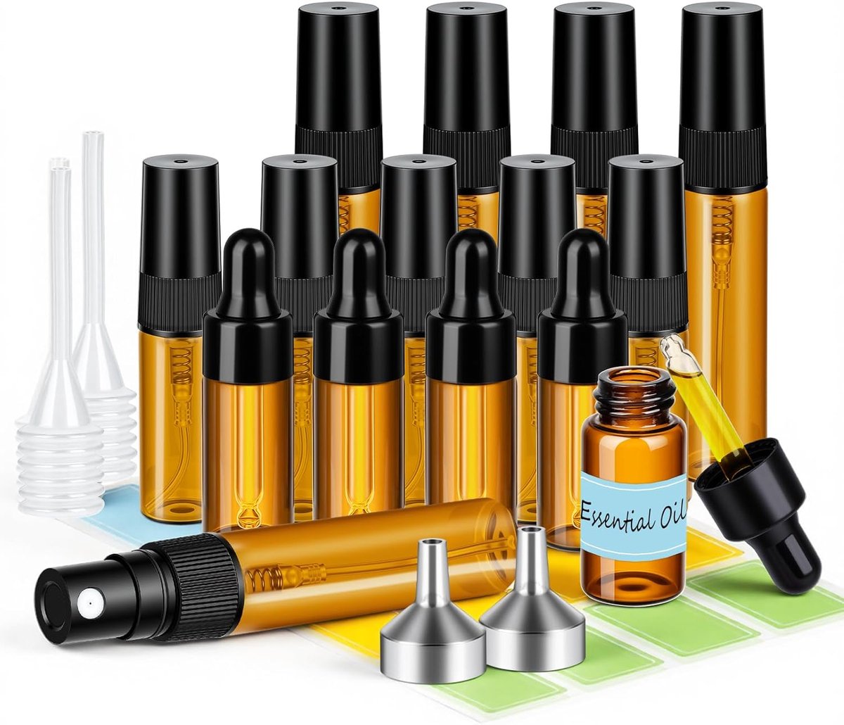 SnelShoppen - 15 Stuks Amber Glas Sprayflessen 3/5 ml, 2.5 ml Druppelflessen, UV Bescherming voor Cosmetica, Aromatherapie, Parfum, Reizen, Keuken