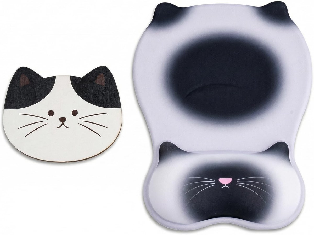 SnelShoppen - Ergonomische muismat met handsteun van traagschuim, antislip PU-basis, onderzetter, ideaal voor computer en kantoor, crèmekleurige kat