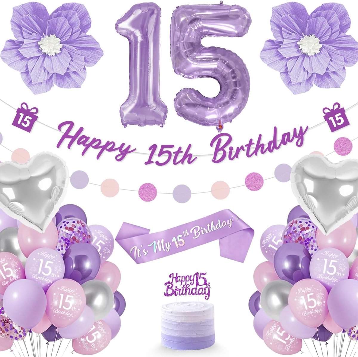 SnelShoppen - Ballon 15 Jaar Meisje, Decoratie Verjaardag 15 Jaar, Inclusief Taartinzetstuk en Riemen, Paarse Themadecoratie met Bloemen, Feest, Latex