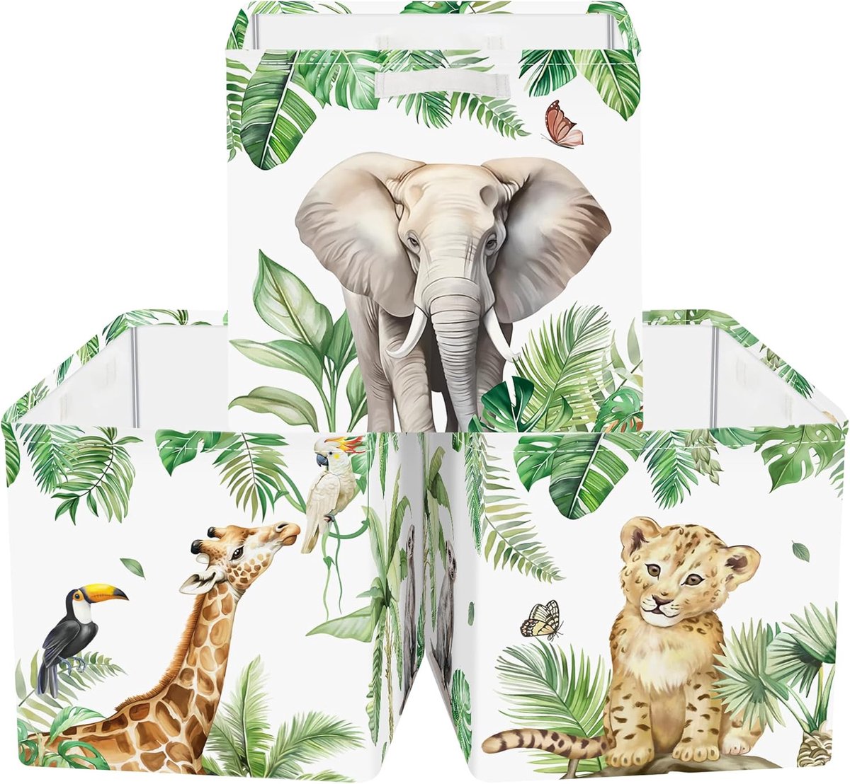 SnelShoppen - Set van 3 Opbergdozen Jungle Dieren - Opslagcubes voor Kleding en Speelgoed - 30x30x30cm - Kleur: Multicolor - Perfect voor Kinderkamer