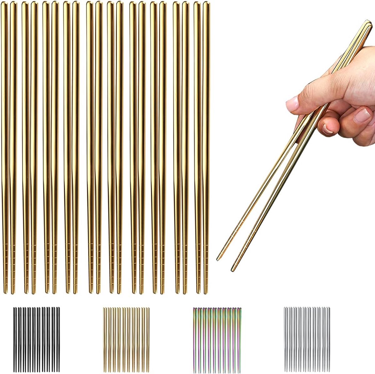 SnelShoppen - 10 Pairs Herbruikbare Chopsticks - Gouden Titanium Gecoate RVS Eetstokjes - 8.9 Inch - Vaatwasser Bestendig - Perfect voor Japanse, Chin