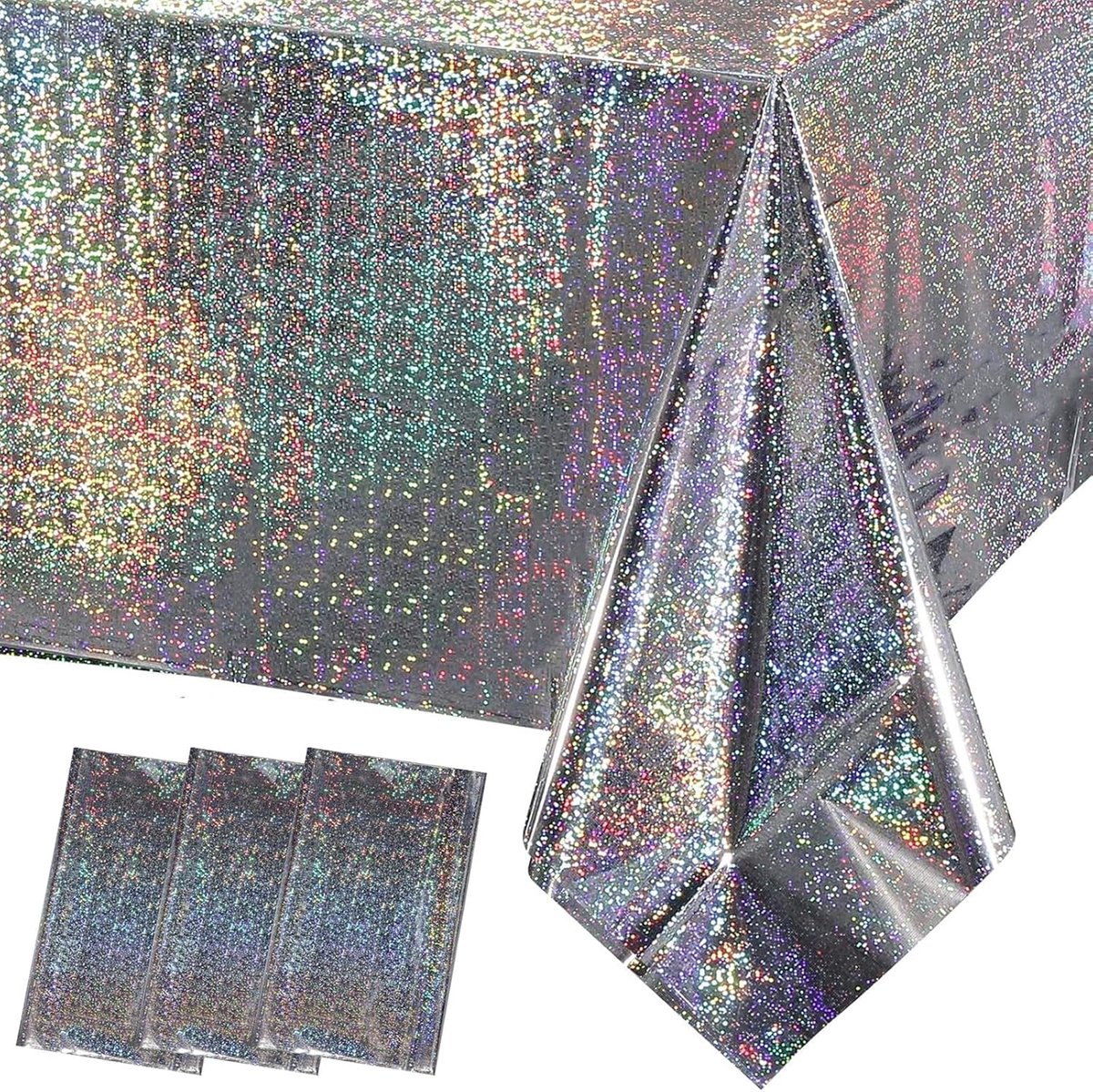 SnelShoppen - 3 pcs Zilver Iriserende Feesttafelkleed, 54x108 Inch Shiny Holografisch Glitter Tafelkleed, Diamant Folie Plastic Rechthoekig Feesttafel