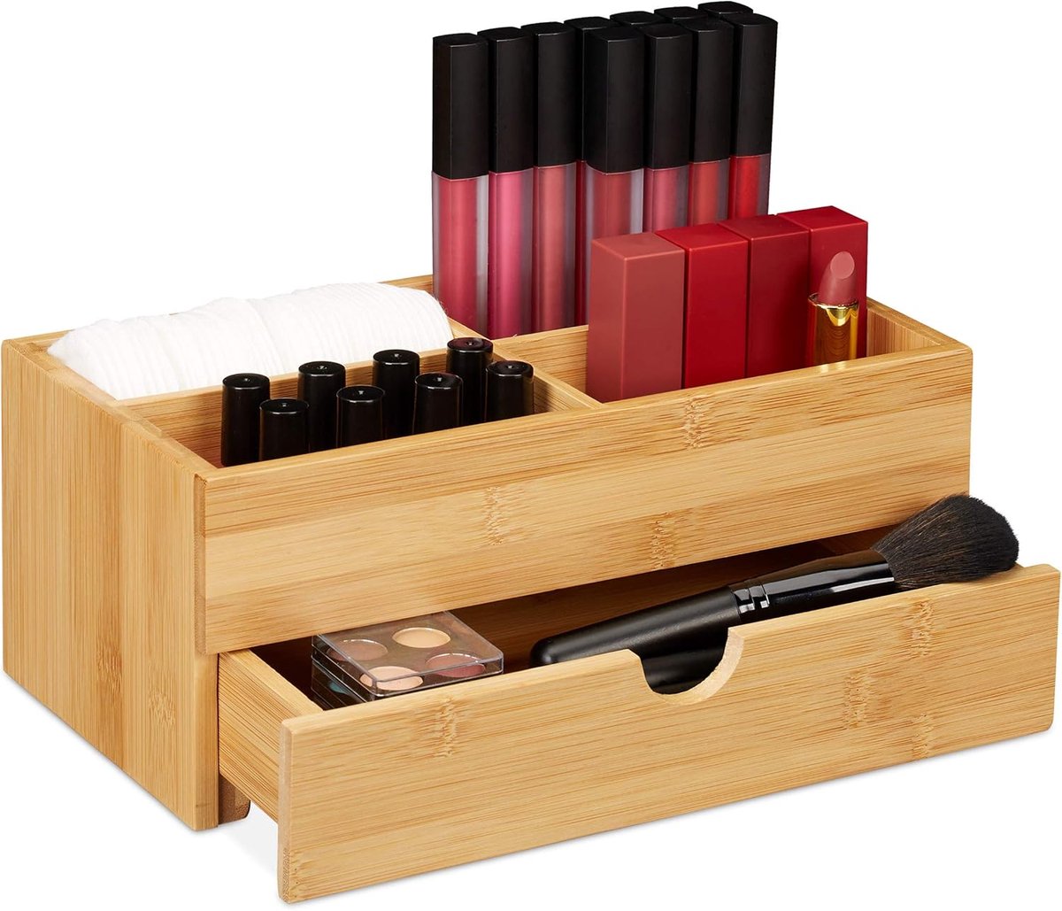 Thijox - Bamboe Make-up Organizer met 4 Vakken en Lade, Multifunctionele Bureauorganisatie, Juwelendoos voor Sieraden, Natuurlijke Kleur voor Desk en