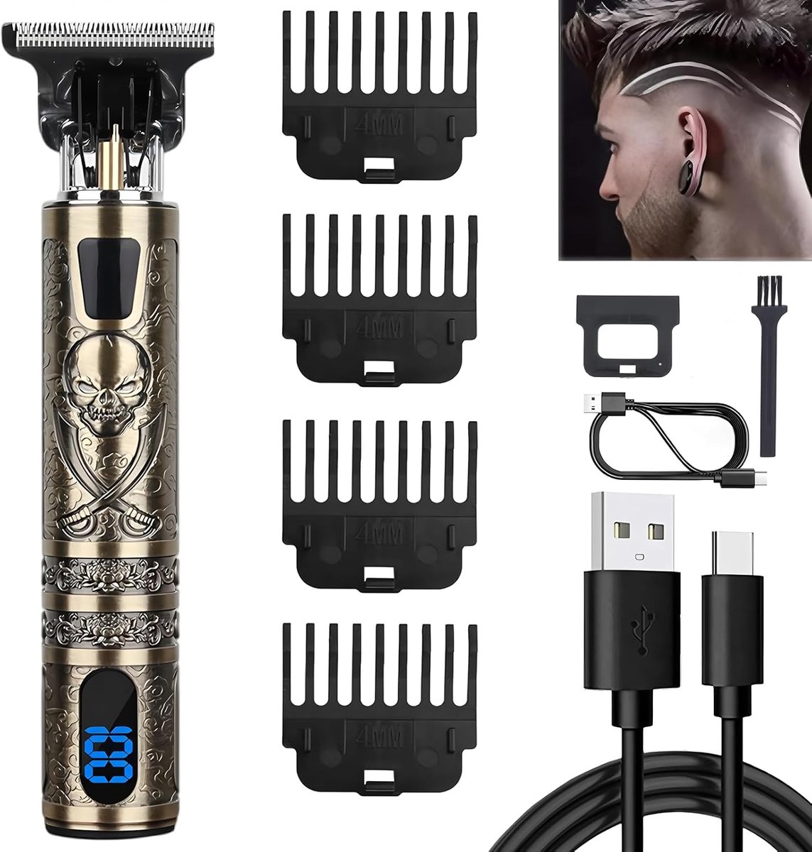 Thijox - Professionele Tondeuse voor Mannen, Draadloze Baardtrimmer met LED-Display, Waterdicht, 4 Opzetstukken (1,5-4 mm), Ergonomisch Ontwerp voor N