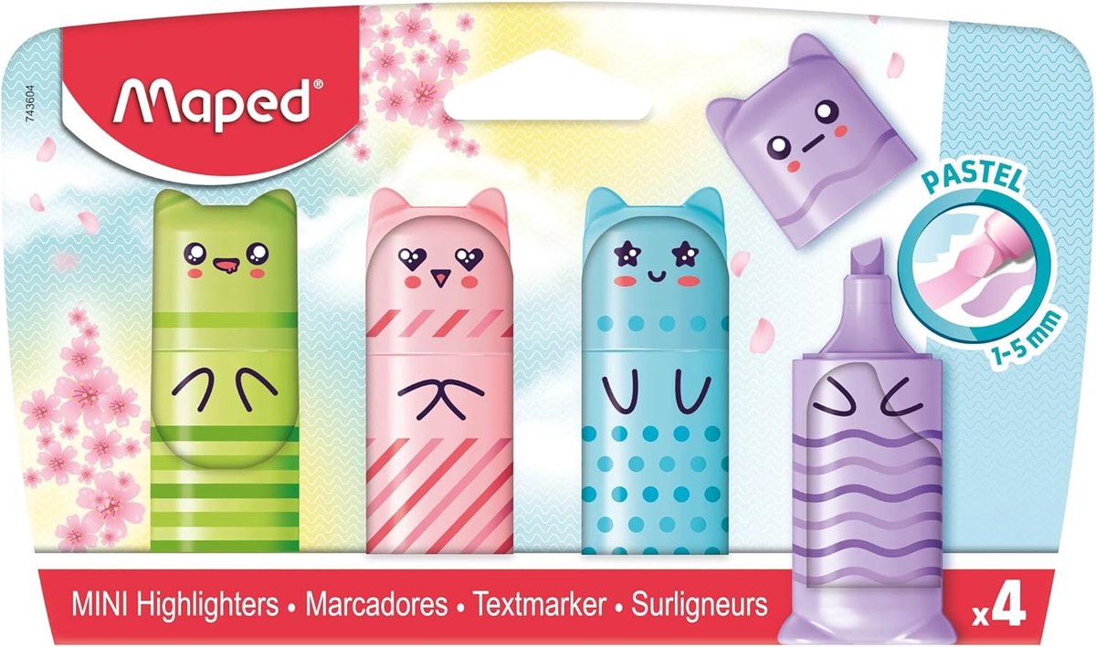 Thijox - 4 Mini-Markeerstiften Pastel Kawaii - Kleine Zakmarkeerstiften in Groen, Blauw, Roze en Paars - Handig voor Kinderen, School en Creatieve Pro