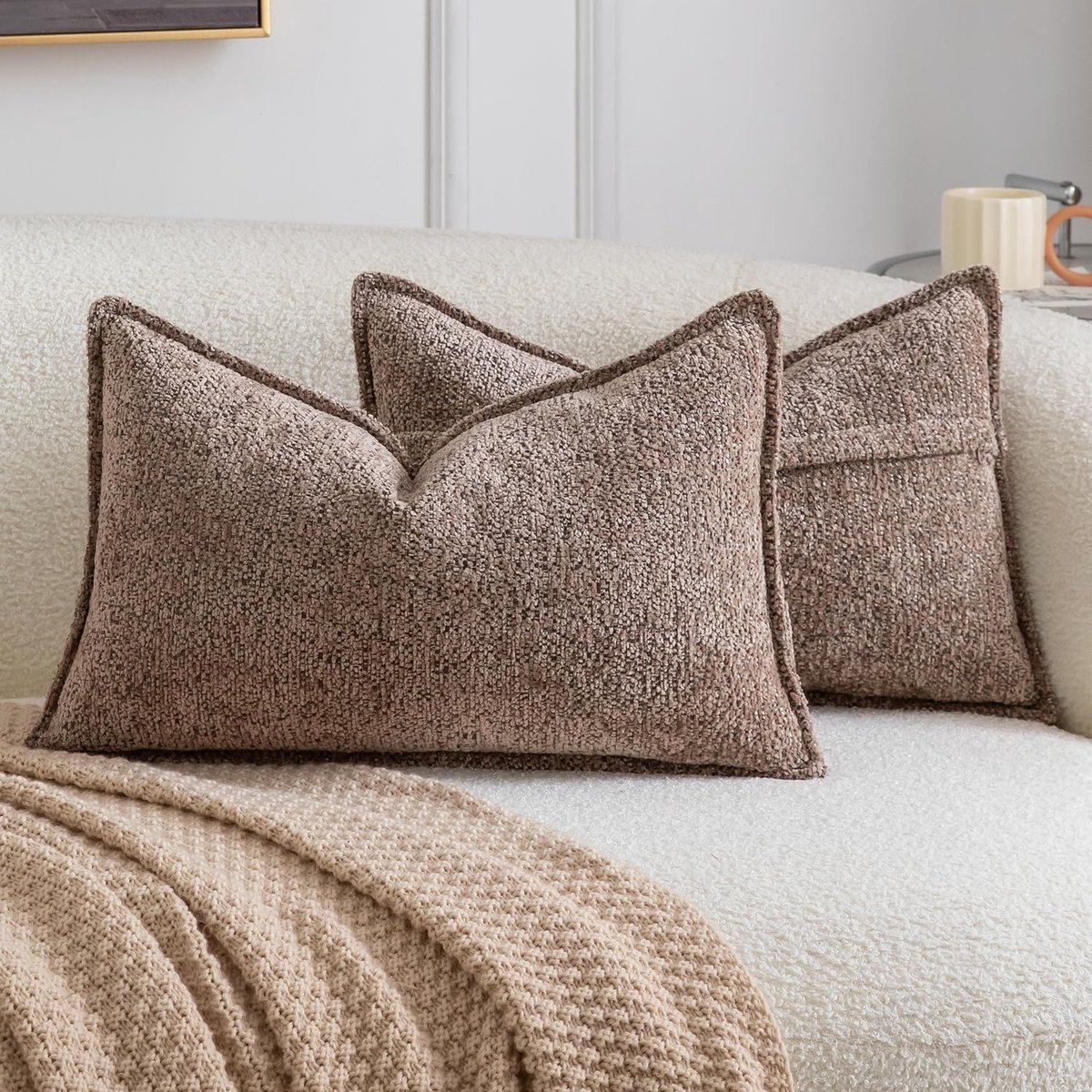 SnelShoppen - Set van 2 Boho Kussenhoezen 30 x 50 cm - Zachte Chenille Sierkussens Effen Bruin - Decoratieve Kussenslopen voor Bank, Slaapkamer en Woo