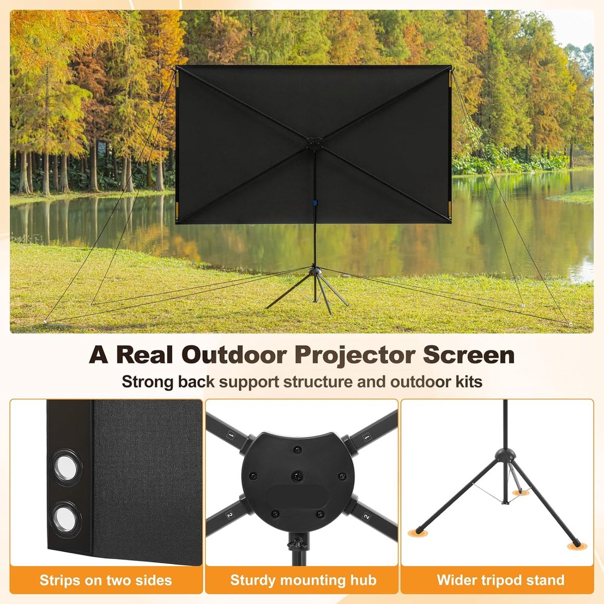 SnelShoppen - Outdoor Projectiescherm 80 Inch met Statief, Windbestendig, 4K Beeldkwaliteit voor Buiten, Camping en Thuisbioscoop, Inclusief Touwen en