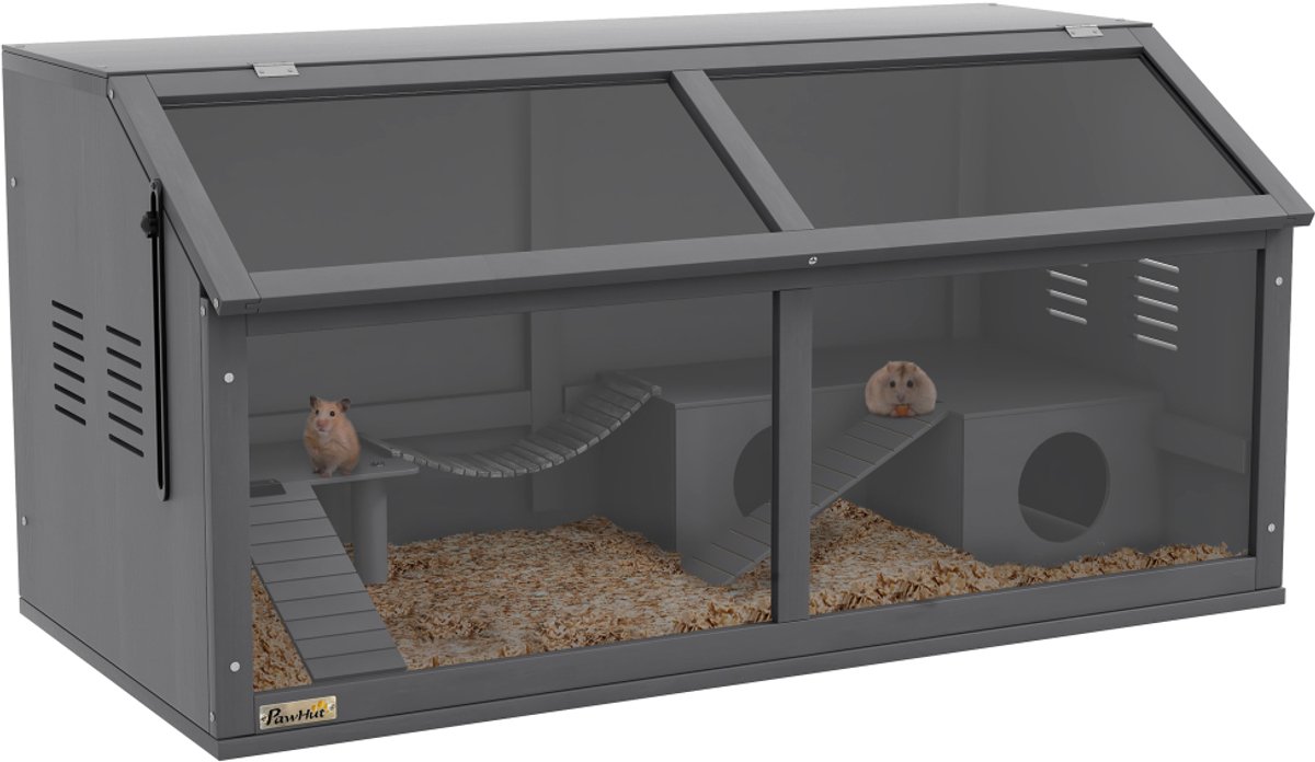 M-Goods Hamsterkooi 100x52x50 cm - Grote Houten Kooi - Transparant Voorpaneel - Platform, Brug & Huisje - Ideaal voor Syrische Hamster