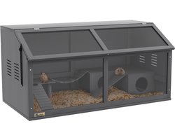 M-Goods Hamsterkooi 100x52x50 cm - Grote Houten Kooi - Transparant Voorpaneel - Platform, Brug & Huisje - Ideaal voor Syrische Hamster