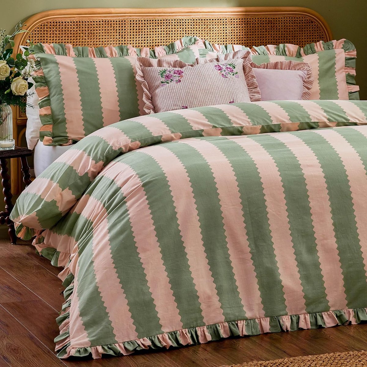 SnelShoppen - Luxe Frilled Duvet Cover Set met Ruiten, Katoenrijke Deken Set voor Slaapkamer, Roze/Groen, Perfect voor Cottage Core Styling