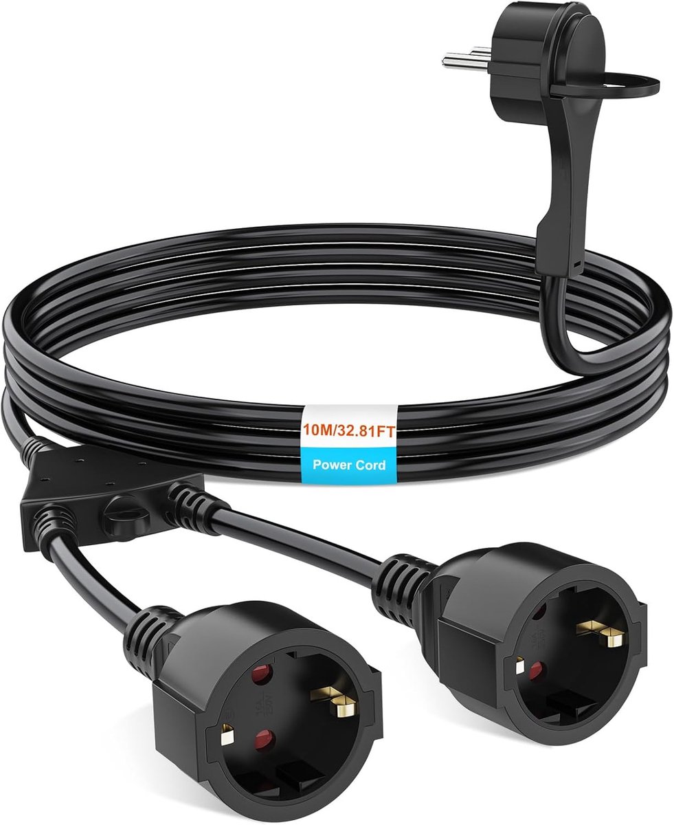 SnelShoppen - 10 m Buiten Power Kabel Verlengsnoer met Aarde, 2-Weg Geaard, Plat Stekker, IP44 Veiligheid, Voor Tuin, Camping, Thuis, Kantoor, Zwart