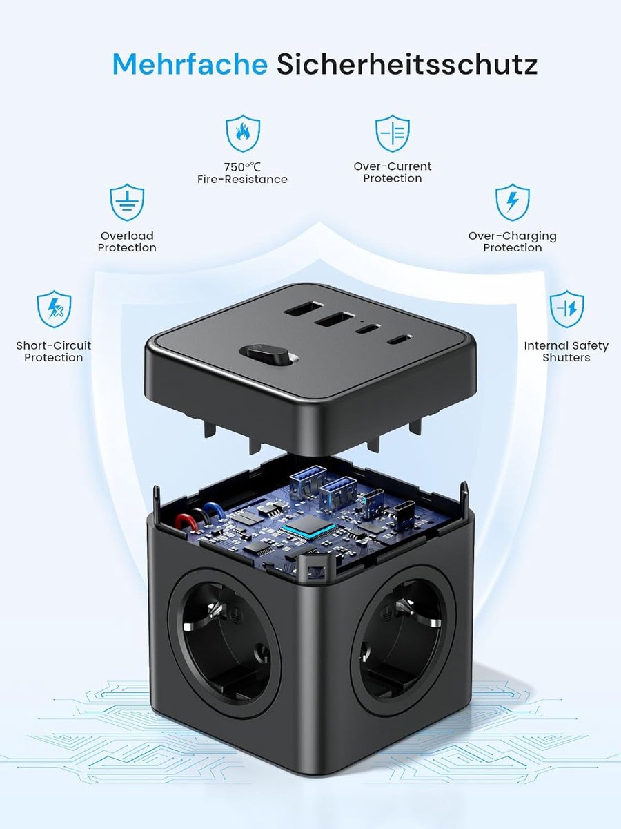 SnelShoppen - Power Strip met USB, 8 in 1 Stekkerdoos met Schakelaar, 4-Weg Stopcontact met 2 USB-A & 2 USB-C, Meerdere Power Cube met Trek Ring, 1.5M