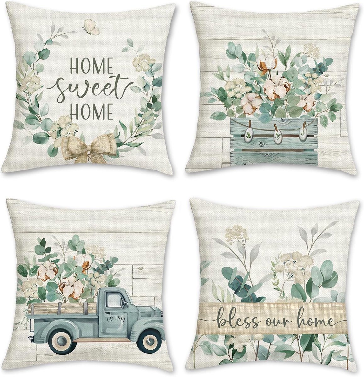 SnelShoppen - Eucalyptus Bladeren Kussenhoezen 45x45cm Set van 4 - Polyester Linnen Decoratieve Throw Pillows voor Thuis, Tuin & Buiten - Voor Lente,