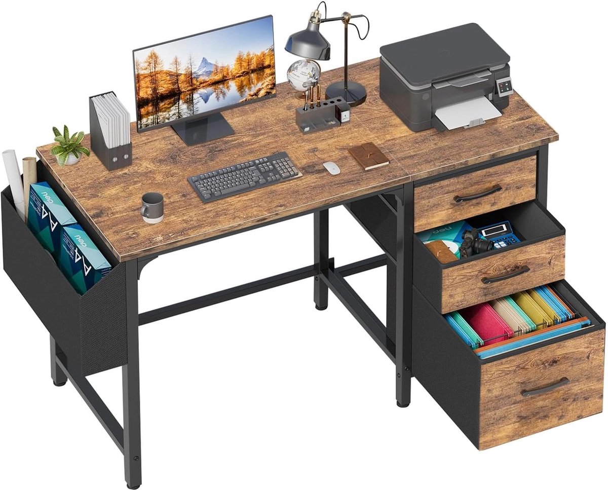 SnelShoppen - Computer Desk 120cm met Lades, Ruimtebesparend, Modern Design, Houtlook, Thuiswerk Bureau voor Gaming, Studie, Schrijfbureau, Rustic Bru