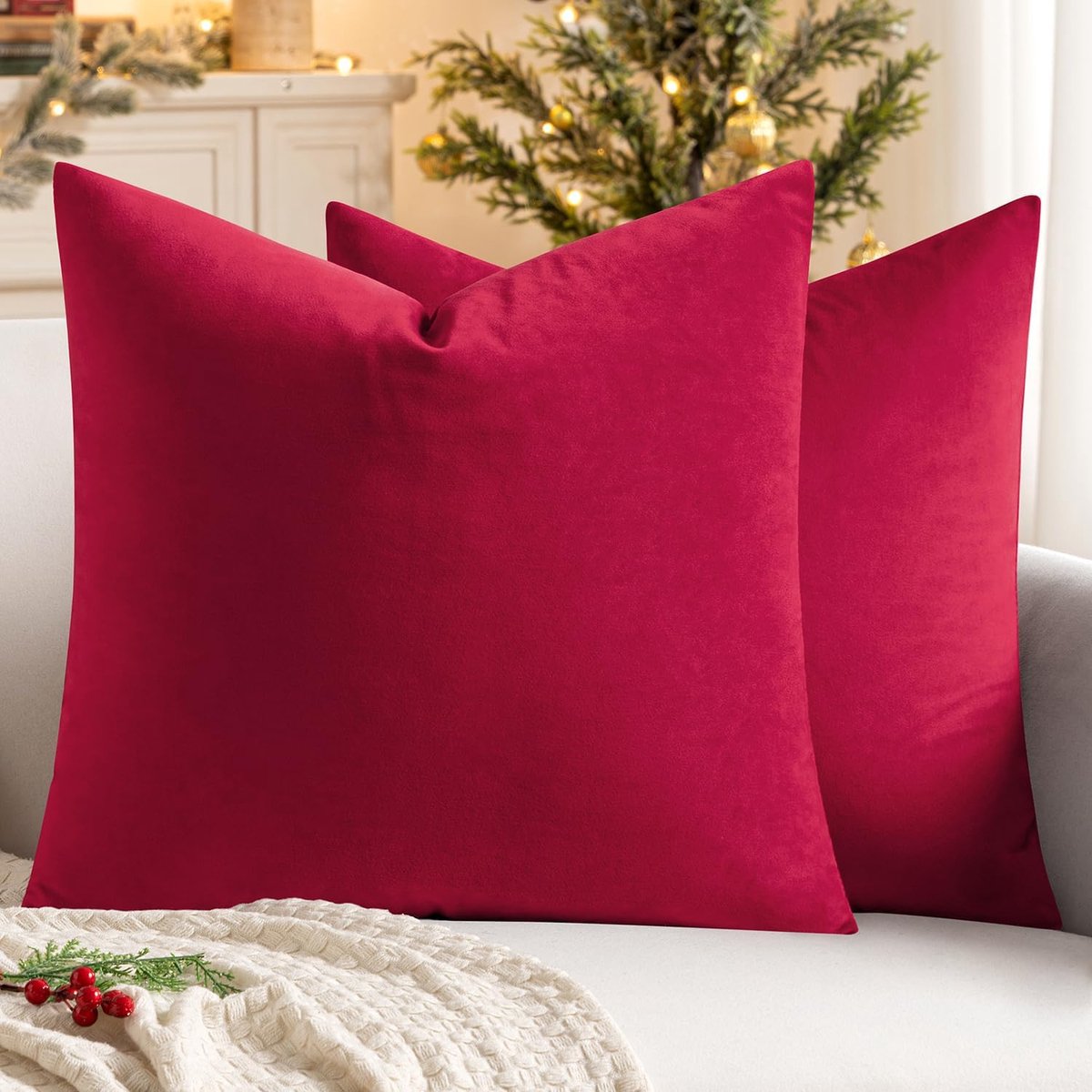 SnelShoppen - Luxe Velvet Decoratieve Sierkussens 45x45 cm - 2 Stuks Scarlet - Zachte Kussenslopen met Verborgen Rits voor Woonkamer en Slaapkamer