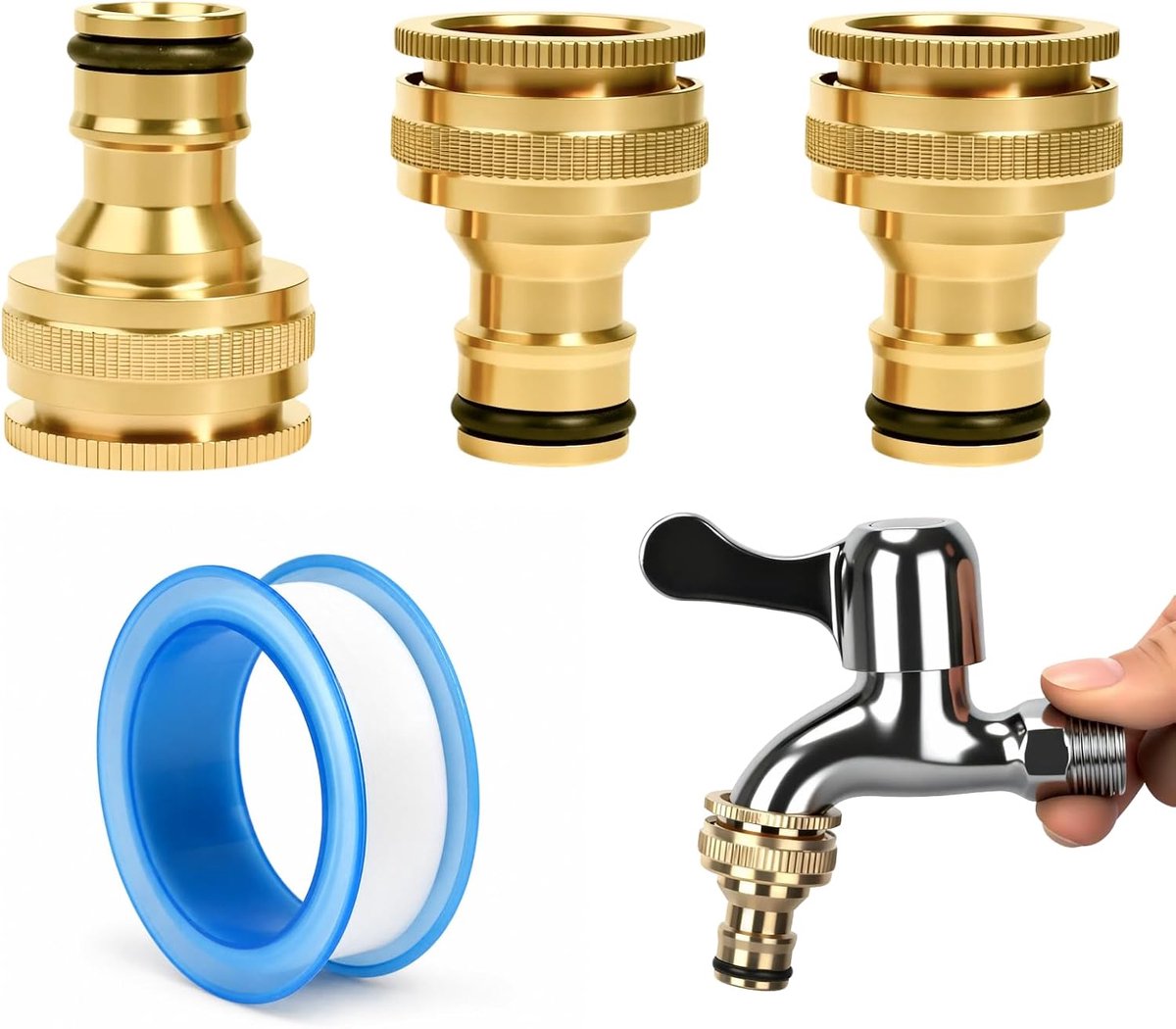 SnelShoppen - Set van 3 Messing Kraanverbinders Tuinslangadapter 3/4 en 1/2 Inch Waterkraan Snelkoppeling met Afdichtband Corrosiebestendig voor Tuin