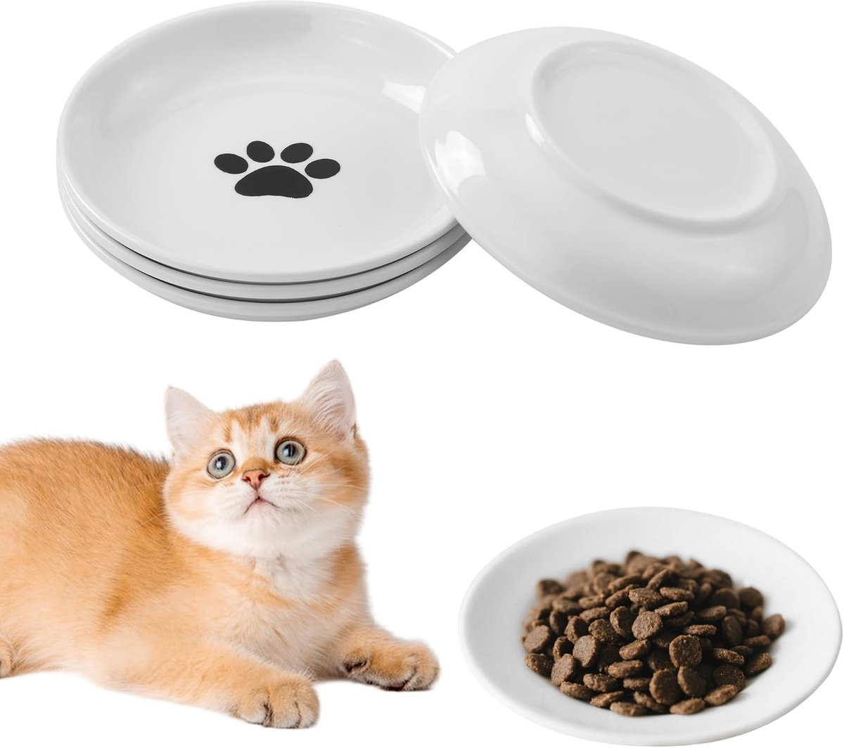 SnelShoppen - 4 Stuks Kattenvoerbak Keramisch, Diepe Voerbakken voor Katten, Shallow Dierenbakken voor Kleine Huisdieren, Drinkbak voor Droog en Nat V