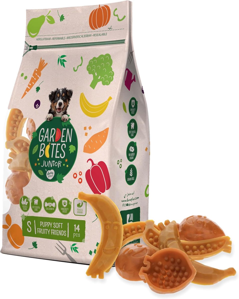 SnelShoppen - Duvoplus Garden Bites Puppy Kauw Snacks - Zacht Fruitige Beloning - 14 Pack Glutenvrij - Ideaal voor Honden met Allergieën - Tandverzorg