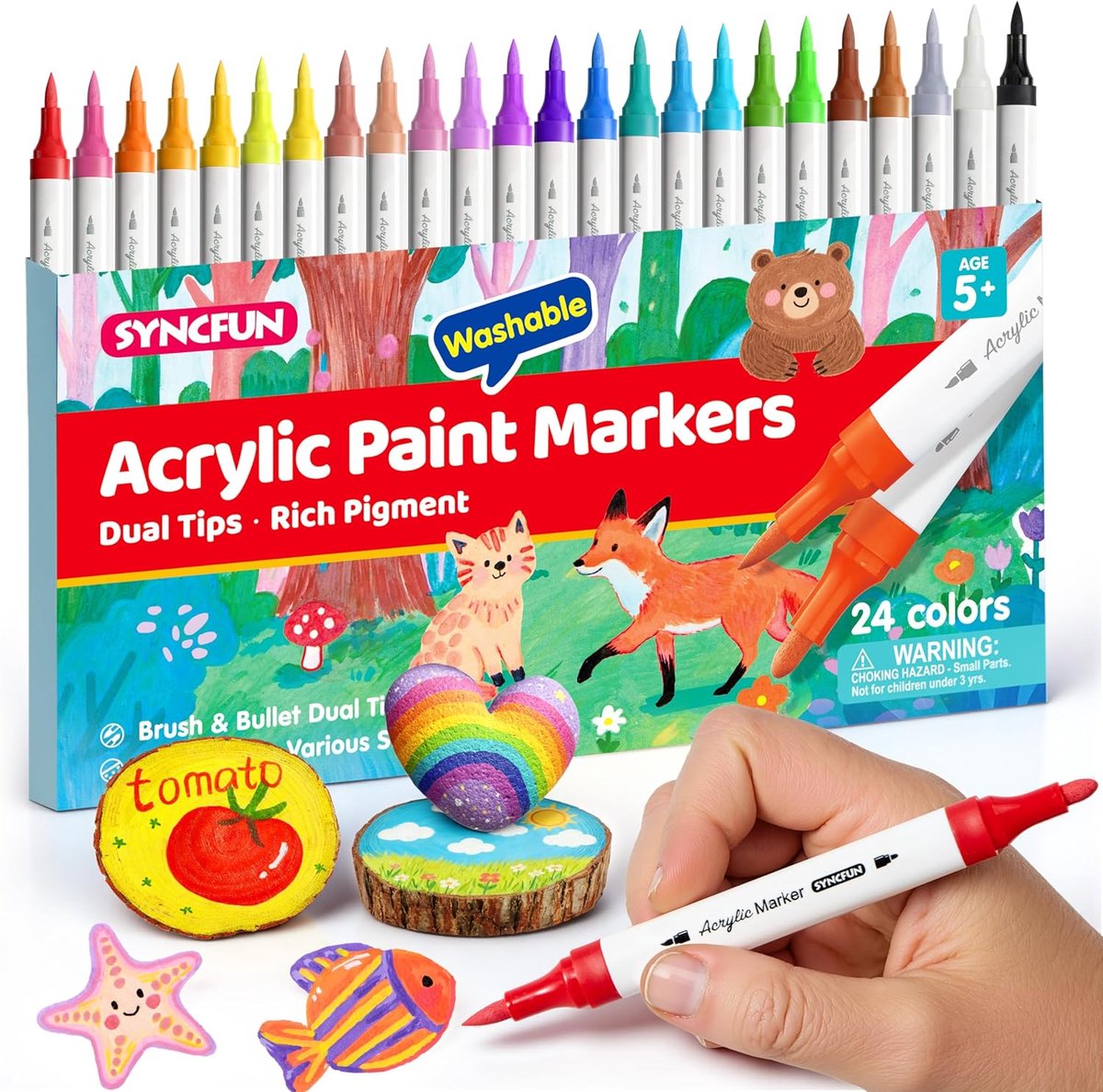 SnelShoppen - 24 Stuks Wasbare Acryl Markers - Kleurige Stiften voor Creatief Schilderen, Tekenen, Knutselen, Geschikt voor Kinderen en Volwassenen, P