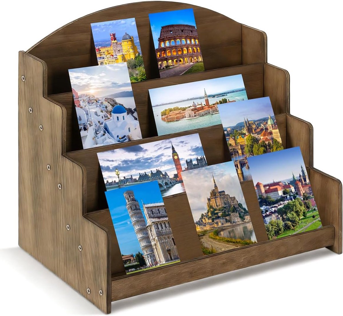 SnelShoppen - Houten Kaartenstandaard voor Ansichtkaarten, Wenskaarten en Fotokaarten - Bruin - Stijlvolle Kaartpresentatie voor Thuis, Kantoor, Winke