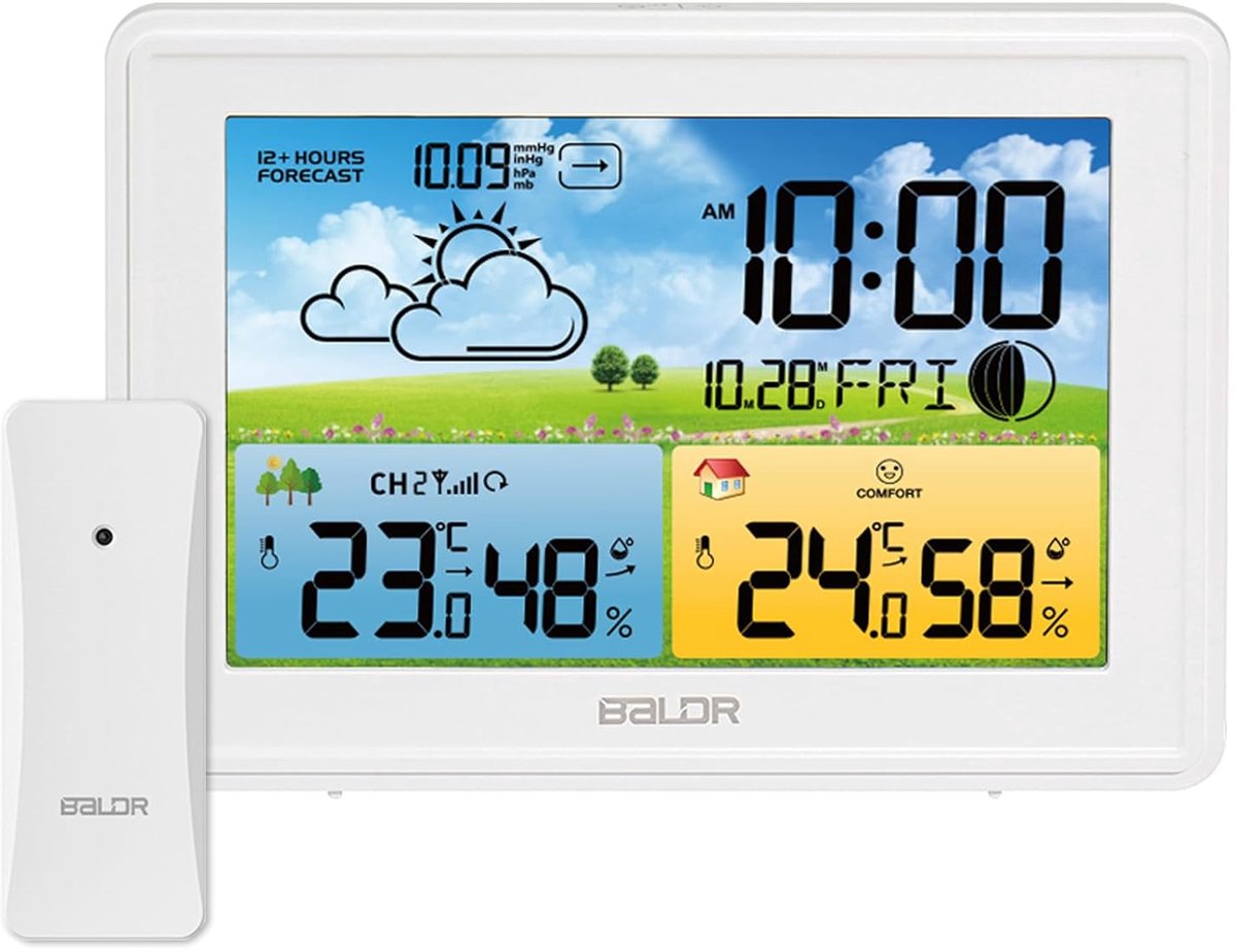 Thijox - Draadloos Weerstation met 1 Sensor voor Binnen en Buiten, Thermometer, Hygrometer, Barometer, LED Achtergrondverlichting, Digitale Klok, Alar