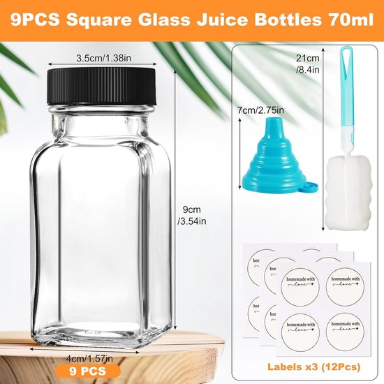 SnelShoppen - 9 Stuks Glazen Shotflessen 70ml met Deksels, Herbruikbare Mini Flessen voor Gember, Sappen en Kruiden, Inclusief Labels en Trechters, Pe — afbeelding 5
