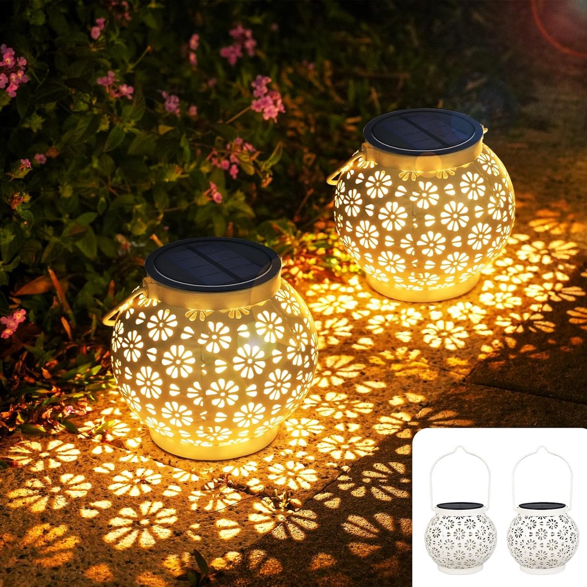 Solar Lantaarns - Tuinverlichting Set - Buiten Decoratie - Bloemenpatroon Lichteffect - 2 Stuks - Wit