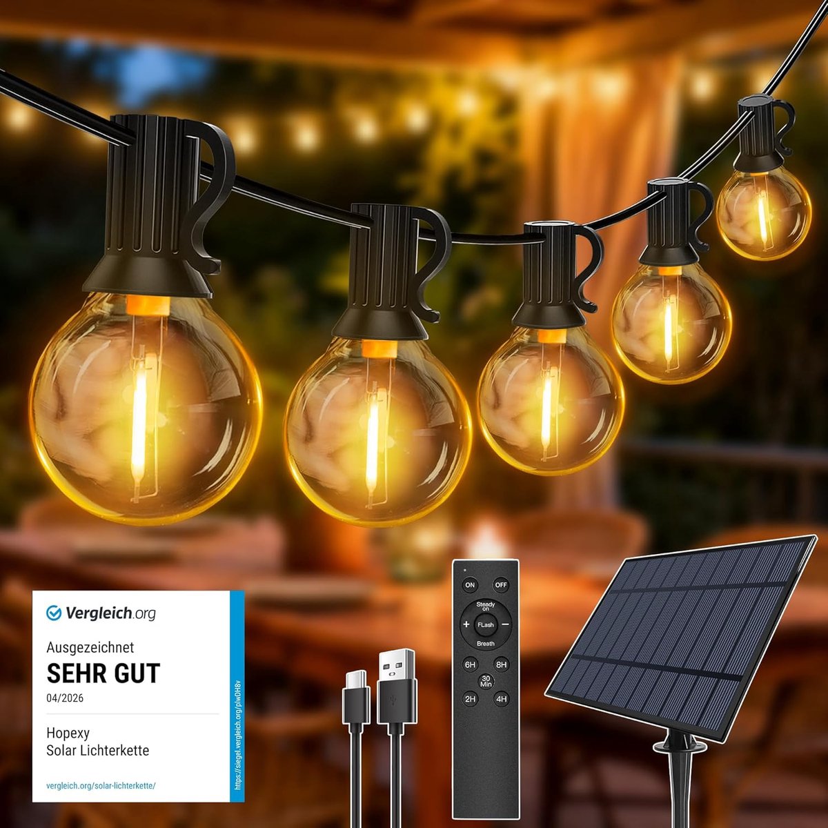 SnelShoppen - Solar Fairy Lights 30 m met 50 + 2 LED Lampjes G40 Waterdichte Tuinverlichting met Afstandsbediening, 3 Verlichtingsmodi, Timerfunctie,